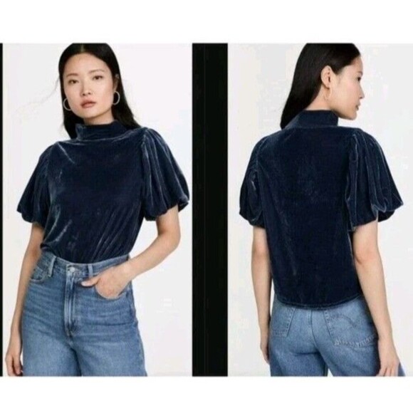 Free People Tops - FREE PEOPLE BLUE Claudia Velvet Mock Neck Women short sleeve bohemian Top M 143